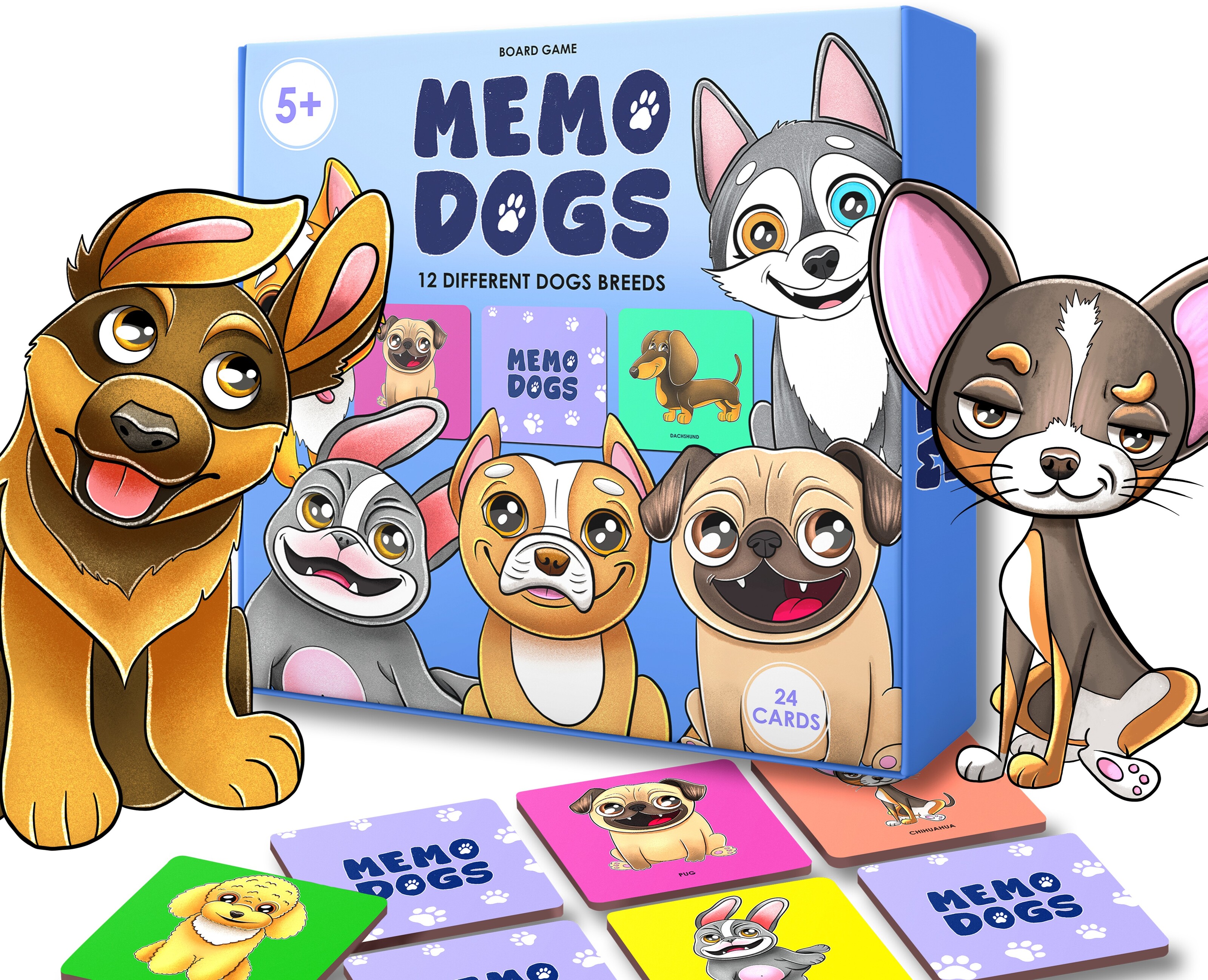 Illustrations for the children's board game memo with dogs