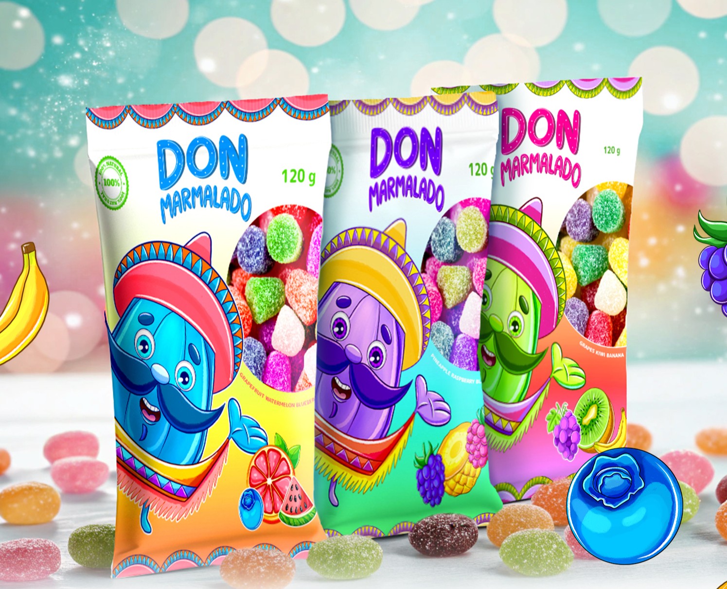 Иллюстрации для упаковки мармелада с бренд-персонажем