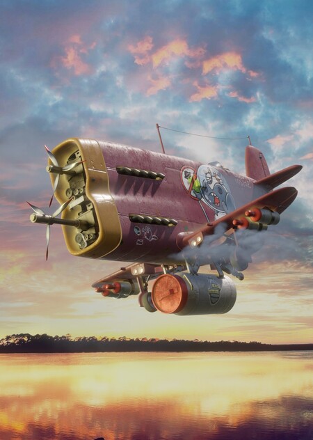 Фантазийный самолёт в закате летит над рекой и несёт бочку с молоком.  