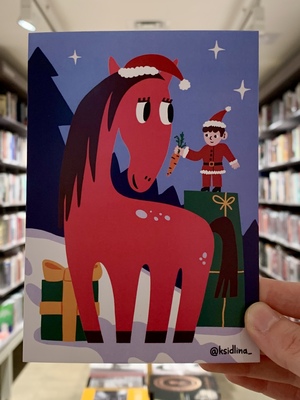 Открытка новогодняя "Красная лошадь"