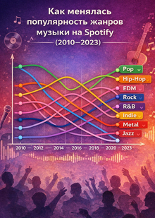 Как менялась популярность жанров музыки на&nbsp;Spotify (2010–2023)
