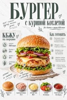 Простой рецепт — куриный бургер на 430 ккал — с сочной котлетой, сыром и овощами Простой рецепт — куриный бургер на 430 ккал — с сочной котлетой, сыром и овощами