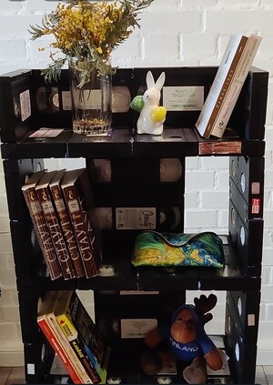 Shelves for book-crossing made of videotapes 